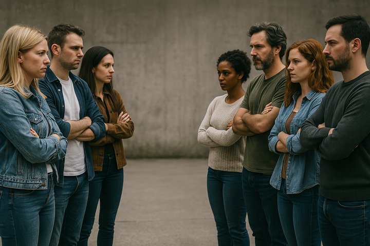 Две группы людей на противоположных сторонах Две группы людей на противоположных сторонах