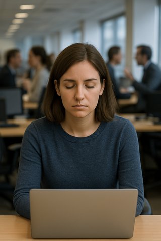 Перегрузка в open space: как чувствительный человек переживает рабочую суету Уставшая женщина с закрытыми глазами сидит за ноутбуком в шумном офисе