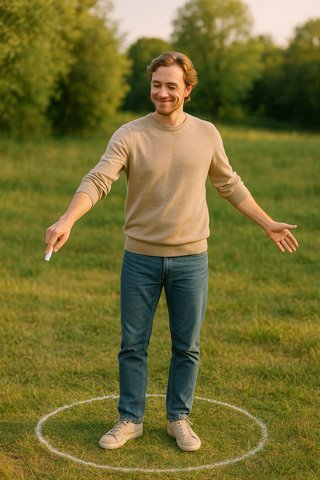 Четкие границы Мужчина с лёгкой улыбкой чертит круг вокруг себя на траве