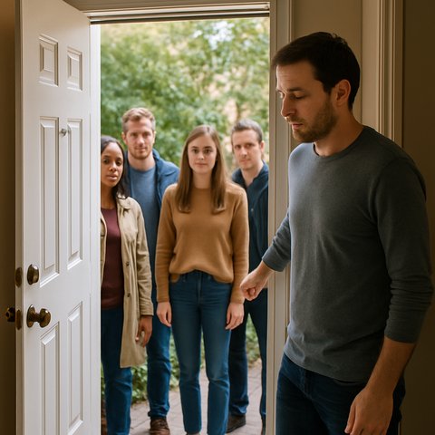 Снова эти гости Мужчина с усталым лицом держит открытую дверь, за порогом стоят несколько человек