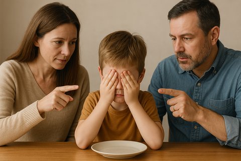 Родители поучают ребенка Ребёнок закрывает лицо руками, сидя за столом между родителями, которые его поучают