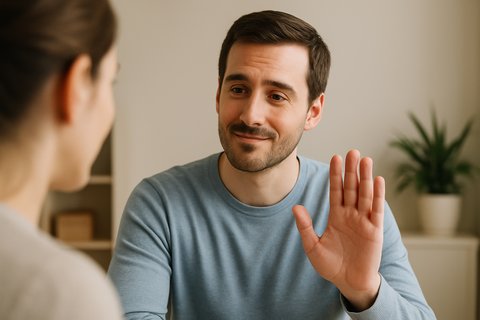 Учимся говорить «нет» Мужчина с лёгкой улыбкой показывает ладонь в жесте вежливого отказа