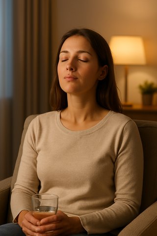 Дыхательные упражнения для снятия тревоги Женщина сидит в кресле с закрытыми глазами и делает глубокий вдох, пытаясь расслабиться