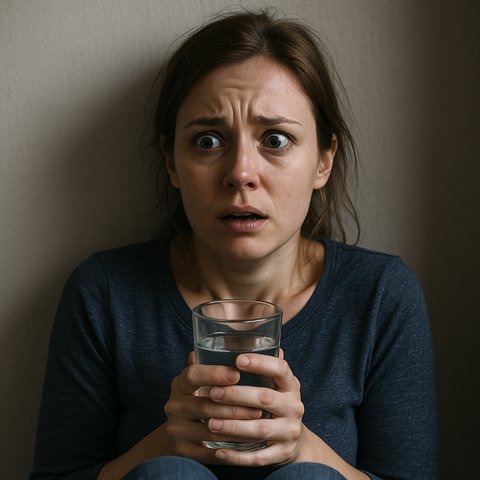 Паническая атака: внезапный приступ страха Женщина сидит, прижавшись к стене, с испуганным взглядом и дрожащим стаканом воды в руках