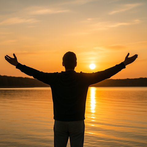 Возвращение спокойствия и внутренней свободы Человек стоит на берегу озера на закате, раскинув руки в стороны в ощущении свободы и облегчения