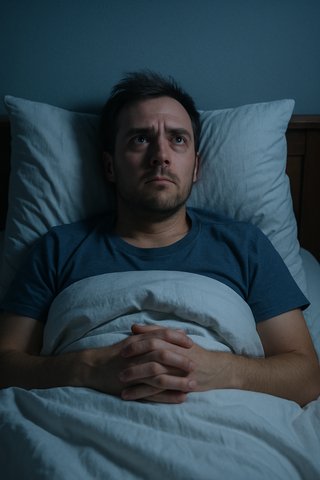 Бессонная ночь из-за тревоги Мужчина лежит в кровати с открытыми глазами и не может уснуть из-за тревожных мыслей