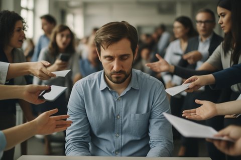 Опустошенный спасатель в офисе Опустошенный спасатель в офисе, а к нему все вокруг тянут руки