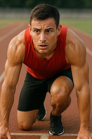 Атлет перед стартом — момент напряжения и волнения Атлет на старте бега, напряжённые мышцы, сосредоточенный взгляд, заметно волнение на лице.