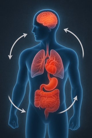 Биологические реакции организма на стресс — ускорение сердца, напряжение мышц и остановка пищеварения Силуэт человека с подсвеченными органами — мозг, сердце, лёгкие, мышцы и желудок, показывающий реакцию организма на стресс.