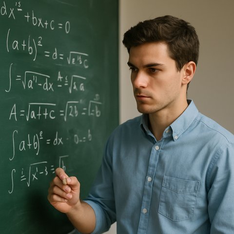 Студент на экзамене у доски сосредоточенно решает задачу Студент у доски с мелом в руке, внимательно смотрит на написанные формулы, на лице лёгкое напряжение и сосредоточенность.