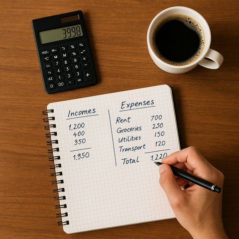 Учёт доходов и расходов, как способ изменить отношение к деньгам Вид сверху на стол с калькулятором, чашкой кофе и тетрадью с аккуратно записанными доходами и расходами