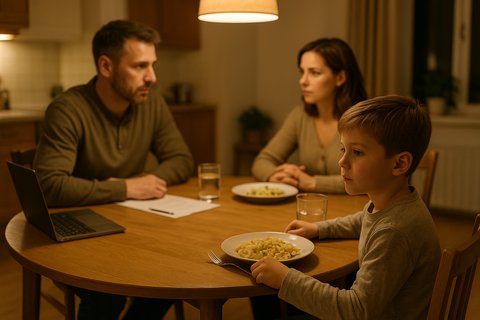 Как родительские разговоры за ужином формируют отношение ребёнка к деньгам Семейный ужин: родители обсуждают деньги, а ребёнок невольно впитывает установки о финансах