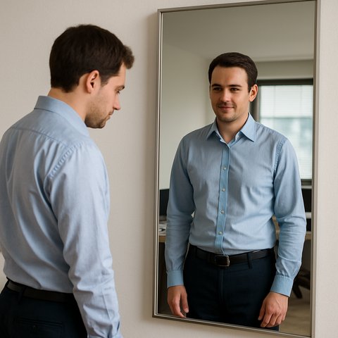 Внутреннее восприятие себя: уверенность в отражении и сомнение в реальности Мужчина в офисной одежде смотрит в зеркало: в отражении он выглядит уверенным, а в реальности — более скованным