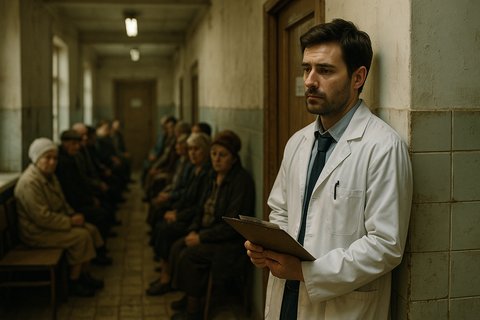 Выгорание врача в условиях бедной клиники и бесконечной очереди пациентов Уставший врач в белом халате прислонился к стене ветхой поликлиники, в руках медицинская карта, в коридоре ждёт очередь пациентов