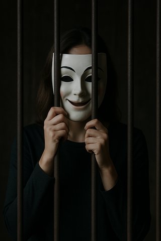 Маска как тюрьма: защита, превращающаяся в оковы Женщина в театральной маске за тюремными решётками, символ подавленных эмоций и несвободы