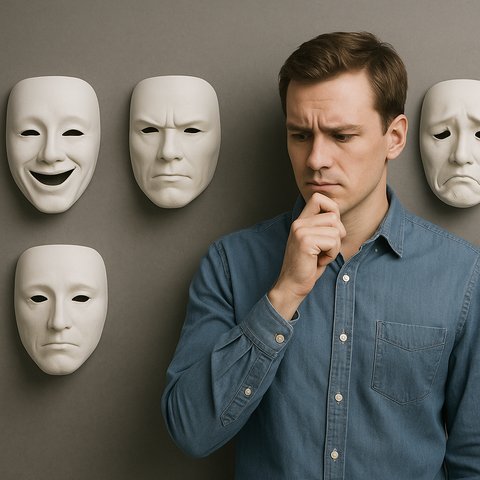 Выбор маски — символа защиты и скрытых эмоций Мужчина смотрит на несколько театральных масок с разными эмоциями, выбирая между ними