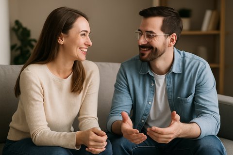 Искренний разговор — путь к близости и возвращению к себе Мужчина и женщина сидят рядом на диване и разговаривают искренне, атмосфера доверия и тепла