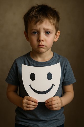 Маска улыбки в руках ребёнка — символ скрытых эмоций Ребёнок держит картонную маску с нарисованной улыбкой, а сам смотрит грустными глазами