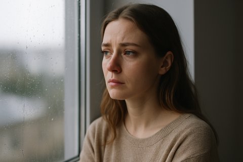 Боль от сказанных слов Женщина у окна со слезами на глазах после ссоры