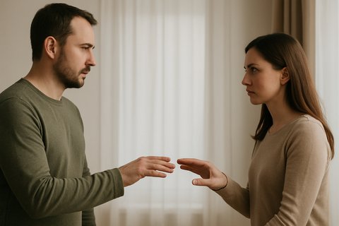 Шаг к примирению между партнёрами Мужчина и женщина тянутся друг к другу руками после ссоры