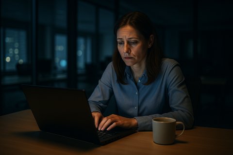 Усталость от постоянных обязательств Женщина остаётся допоздна на работе, выглядит уставшей