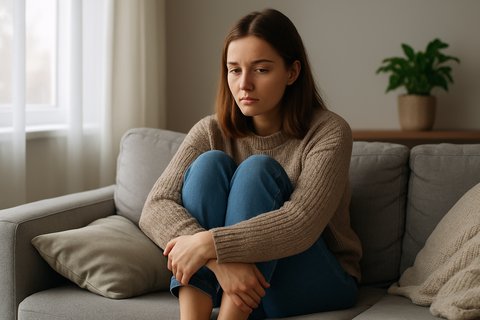 Потеря радости и ощущение пустоты Женщина сидит дома на диване с потухшим взглядом