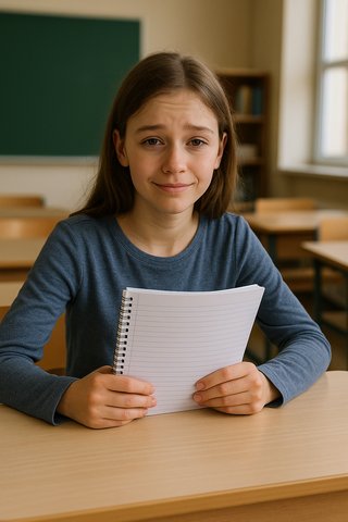 Послушная ученица Девочка за школьной партой с тетрадкой и усталой улыбкой