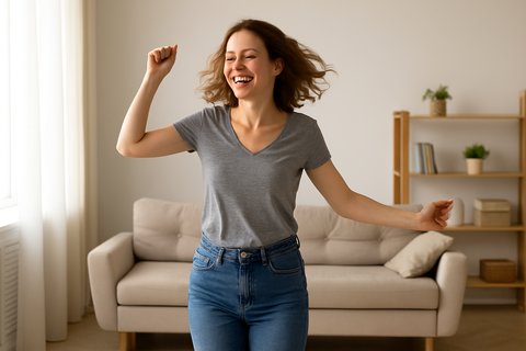 Позволить себе наслаждаться жизнью Женщина танцует у себя дома с радостью