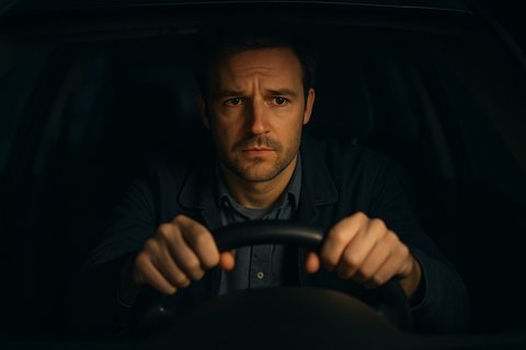 Всё под контролем... или это только кажется Человек сидит в машине ночью, крепко держась за руль и глядя вперёд с тревогой