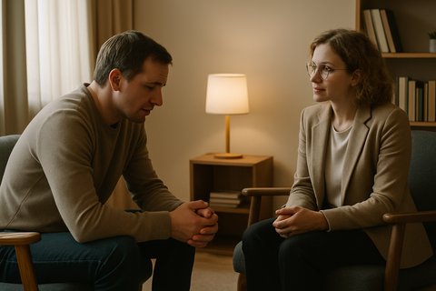 Разговор, в котором можно быть самим собой Психолог и клиент сидят в креслах, спокойно разговаривая друг с другом