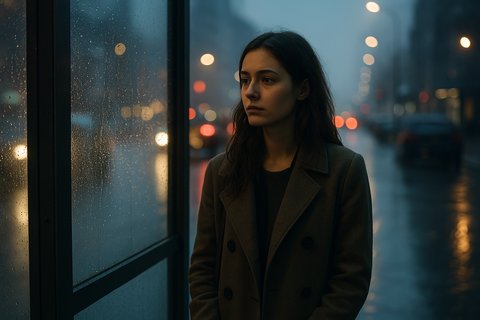 Когда жизнь идёт мимо, а ты смотришь на неё сквозь стекло Женщина на остановке стоит одна среди огней города