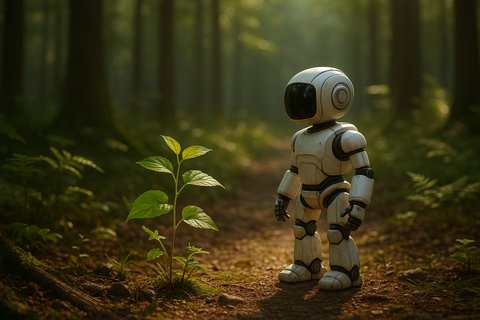 Небольшой робот стоит в солнечном лесу рядом с молодым растением