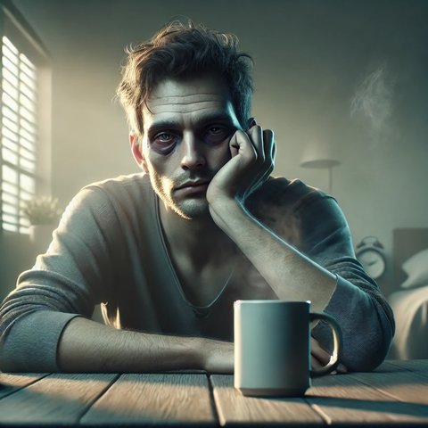 Уставший мужчина с тёмными кругами под глазами сидит за столом с чашкой кофе