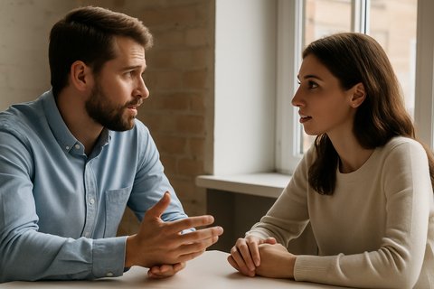 Мужчина и женщина спокойно разговаривают за столом у окна, внимательно слушая друг друга