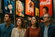 Люди на фоне экранов и рекламных плакатов с массовыми культурными образами